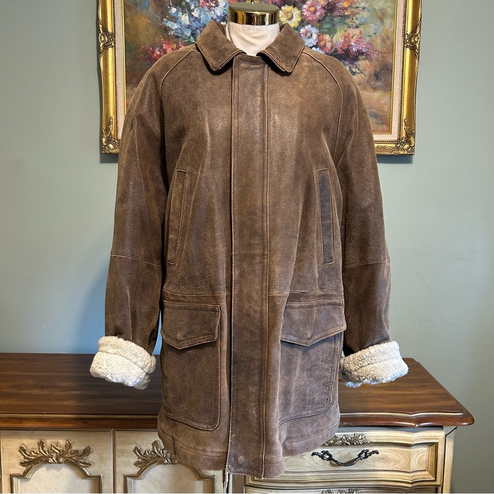 Wilsons Pelle Studio Brown Leather Sherpa Fur Lined Mid Length Heavy Winter Coat